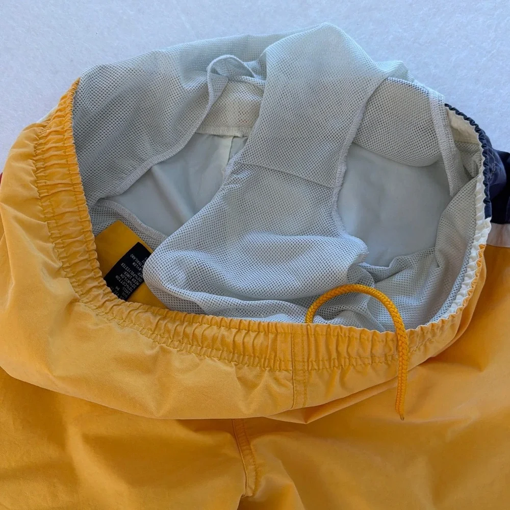Nautica Y2K Mens Medium Swim Trunks Yellow Navy Blue Colorblock Mesh Liner‎
